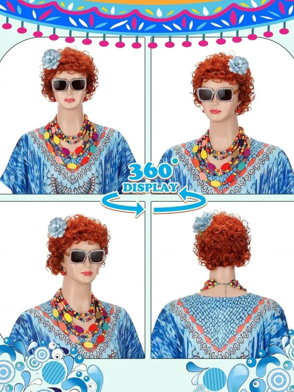 Chic Landlady Costume Set: Caftan Dress, Curly Wig, Jewelry & Sunglasses for
